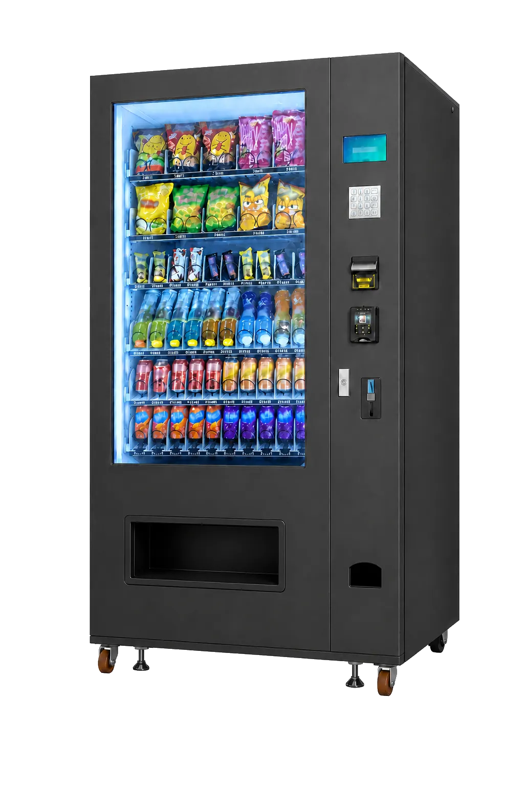 Black combination snack and beverage vending machine with cashless and cash payment hardware