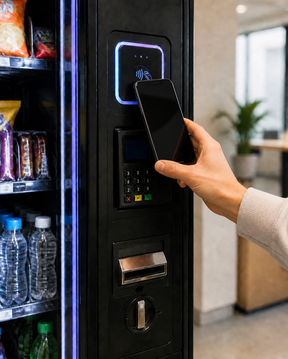 Customer holding a smartphone with its screen off near the NFC reader on a stocked vending machine