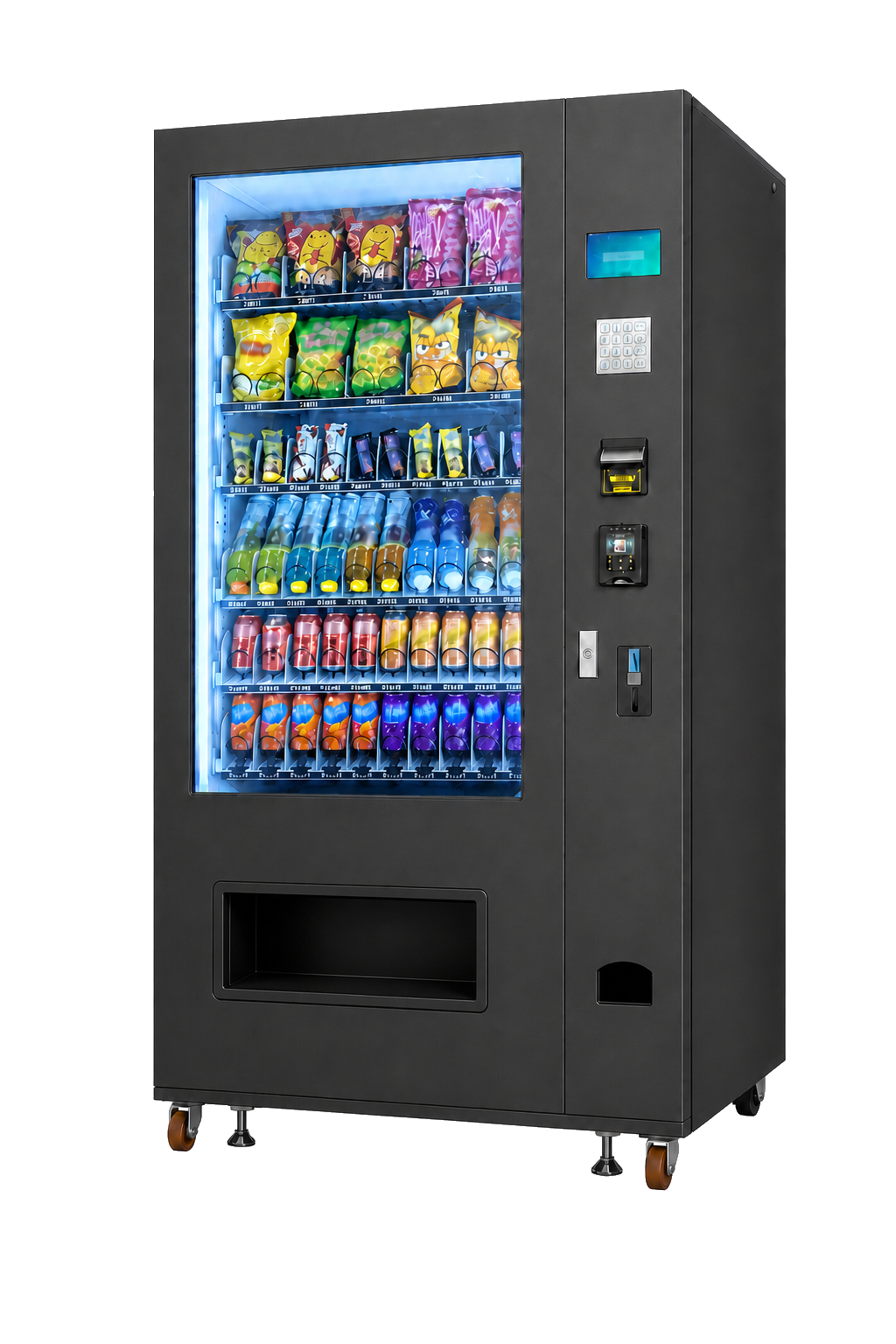 Black combination snack and beverage vending machine with cashless and cash payment hardware