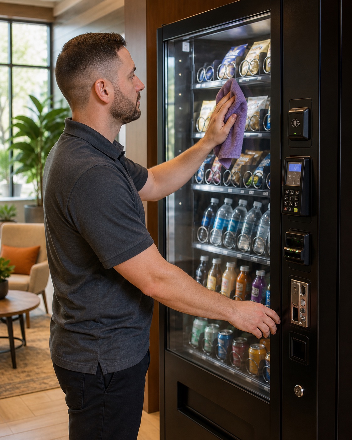 Vending service professional cleaning and inspecting a stocked machine