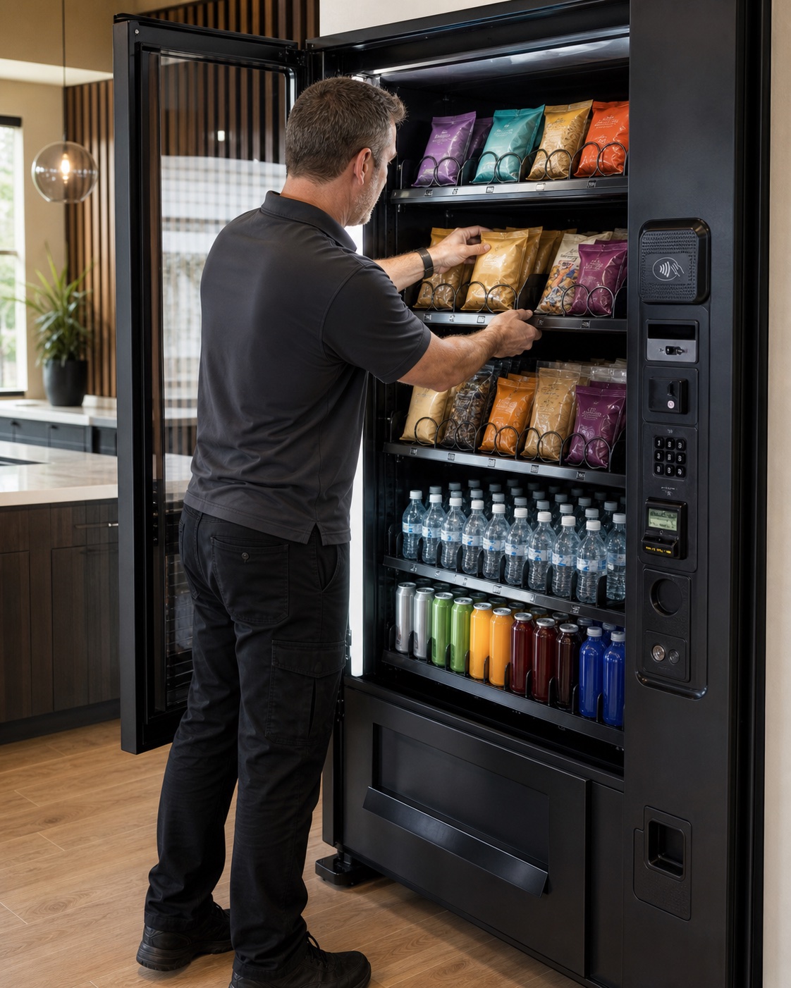 Vending service professional restocking a modern snack and beverage machine